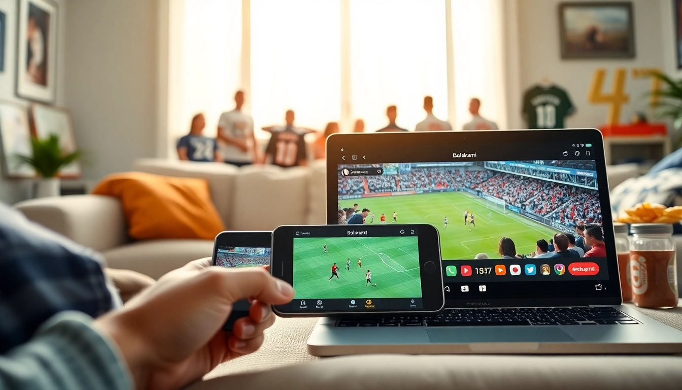 Mengakses bolakami saat menyaksikan pertandingan sepak bola dengan perangkat modern.